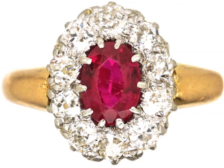 Edwardian 18ct Gold, Ruby & Diamond Cluster Ring
