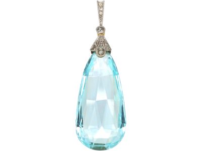 Art Deco 15ct Gold & Platinum , Large Aquamarine & Rose Diamond Pendant