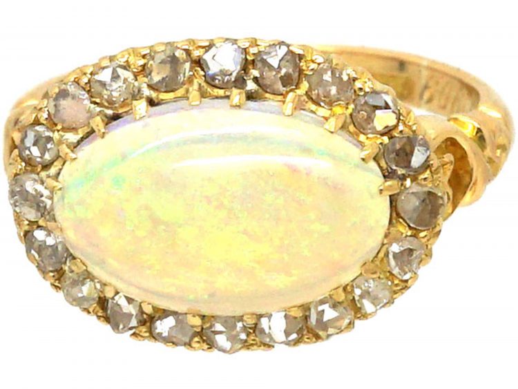 Edwardian 18ct Gold, Opal & Rose Diamond Cluster Ring