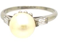 Art Deco 18ct White Gold, Cultured Pearl Ring with Baguette Diamond Shoulders