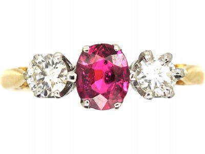 18ct Gold, Three Stone Ruby & Diamond Ring