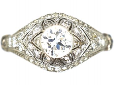Art Deco 18ct White Gold Ring set with a Half Carat Diamond with ornate Small Diamond set Detail
