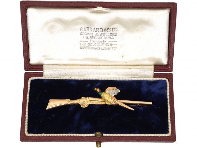 Edwardian 15ct Gold, Enamel & Platinum, Pheasant & Gun Brooch Retailed by Garrards