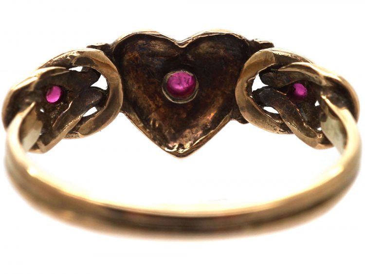 Early 20th Century 8ct Gold Ring with Heart & Knot Motif set with Cabochon Rubies