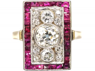 Art Deco 18ct Gold & Platinum, Diamond & Calibre Ruby Rectangular Shaped Ring