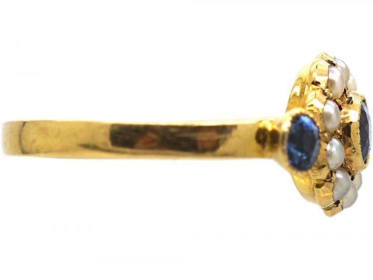 Victorian 18ct Gold, Sapphire & Natural Split Pearl Cluster Ring