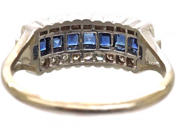 Art Deco Platinum, Sapphire & Diamond Three Row Ring