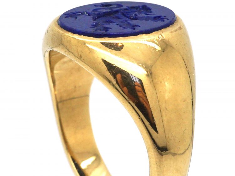 Mid 20th Century 9ct Gold & Lapis Signet Ring with Intaglio of a Lion
