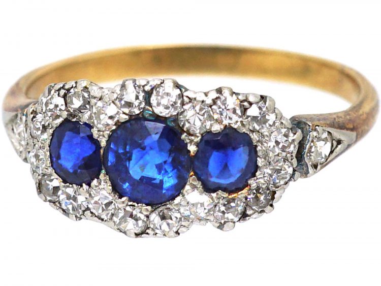 Victorian 18ct Gold, Sapphire & Diamond Three Stone Cluster Ring