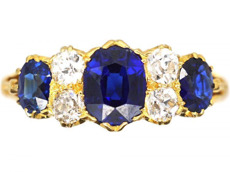 Victorian 18ct Gold, Three Stone Sapphire & Diamond Ring