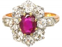 French Belle Epoque 18ct Gold, Burma Ruby & Diamond Cluster Ring with Diamond Set Shoulders