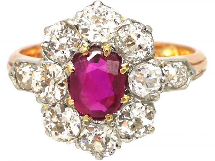 French Belle Epoque 18ct Gold, Burma Ruby & Diamond Cluster Ring with Diamond Set Shoulders