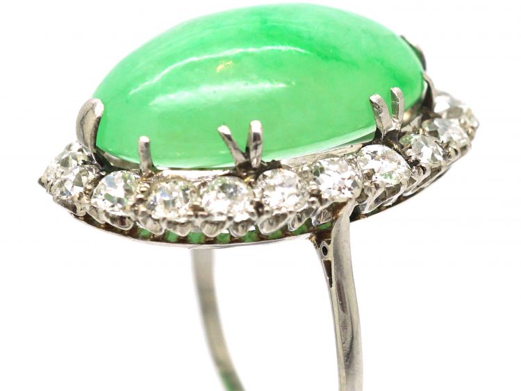 Art Deco Large Platinum, Cabochon Jade & Diamond Oval Cluster Ring