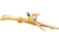 Edwardian 15ct Gold, Enamel & Platinum, Pheasant & Gun Brooch Retailed by Garrards