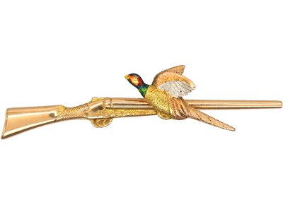 Edwardian 15ct Gold, Enamel & Platinum, Pheasant & Gun Brooch Retailed by Garrards