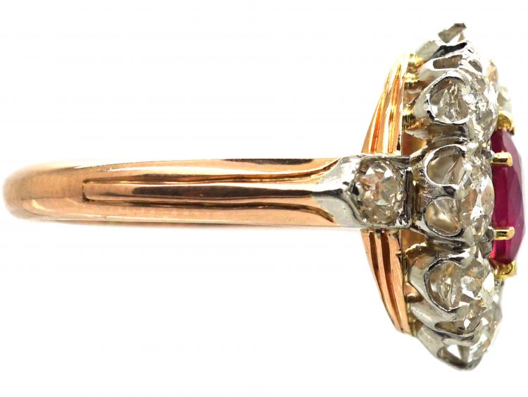 French Belle Epoque 18ct Gold, Burma Ruby & Diamond Cluster Ring with Diamond Set Shoulders