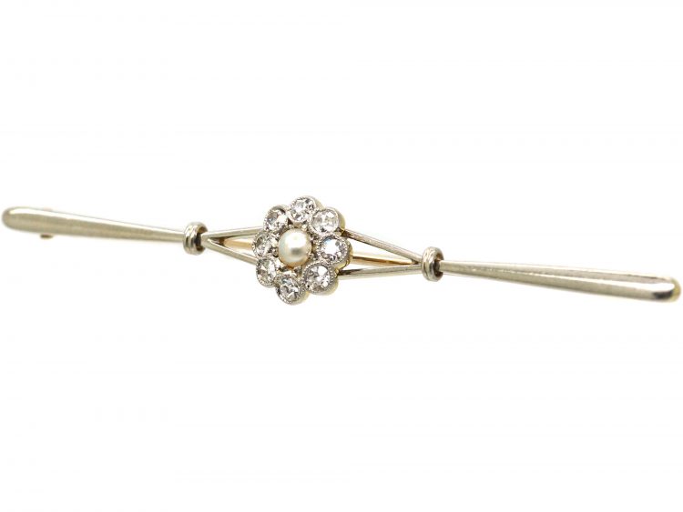 Edwardian 15ct Gold & Platinum, Diamond & Pearl Daisy Cluster Bar Brooch