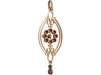 Edwardian 9ct Gold Pendant set with a Circle of Rubies, Natural Split Pearl & a Ruby Drop