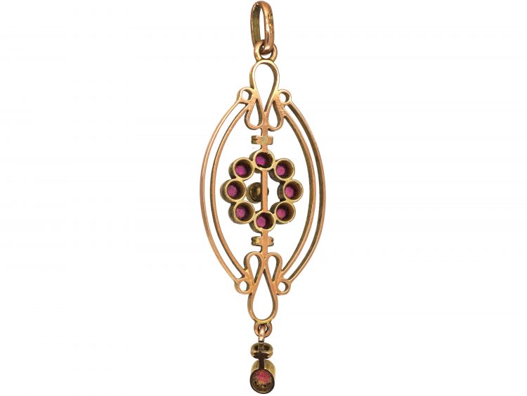 Edwardian 9ct Gold Pendant set with a Circle of Rubies, Natural Split Pearl & a Ruby Drop