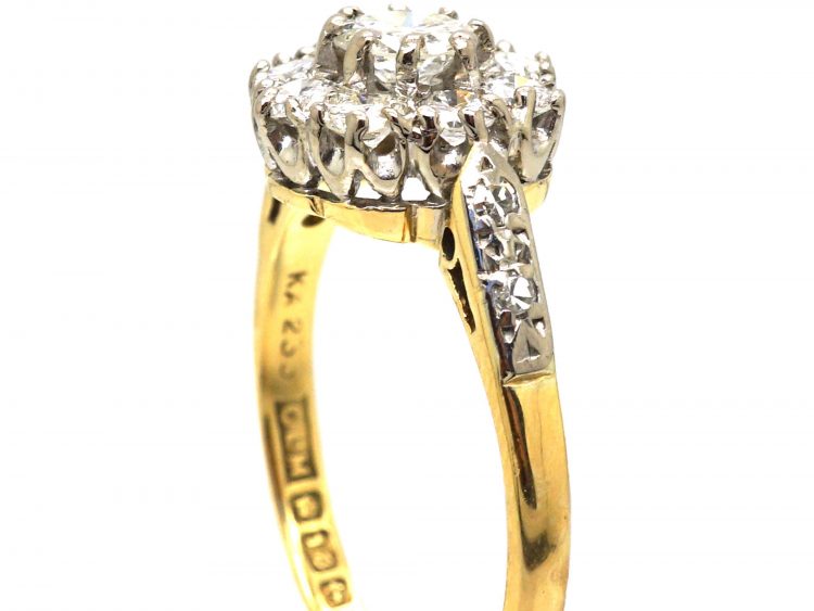 18ct Gold & Diamond Cluster Ring with Diamond Set Shoulders