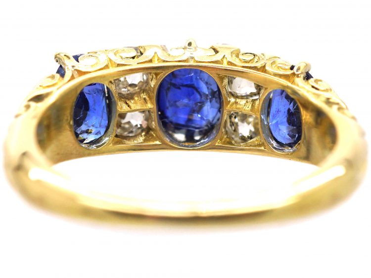 Victorian 18ct Gold, Three Stone Sapphire & Diamond Carved Half Hoop Ring