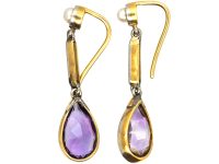 Art Deco 15ct Gold & Platinum, Amethyst & Natural Pearl Drop Earrings