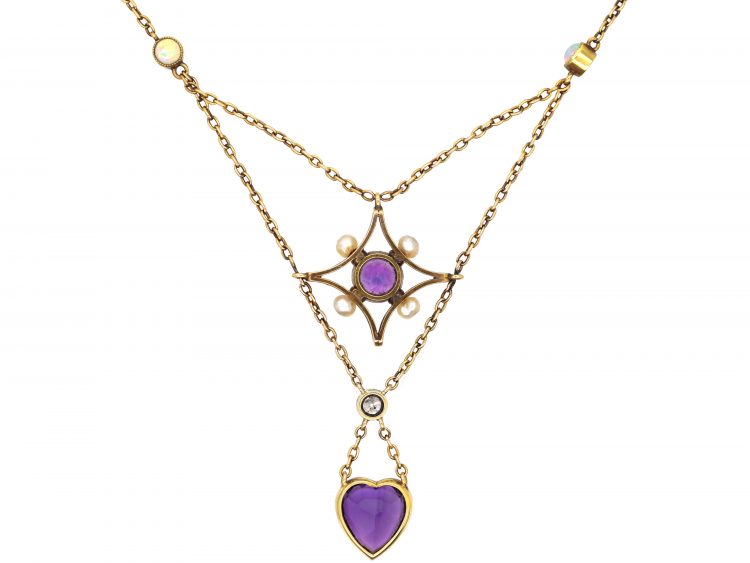 Edwardian 15ct Gold, Amethyst & Opal Pendant with Heart & Star Motif