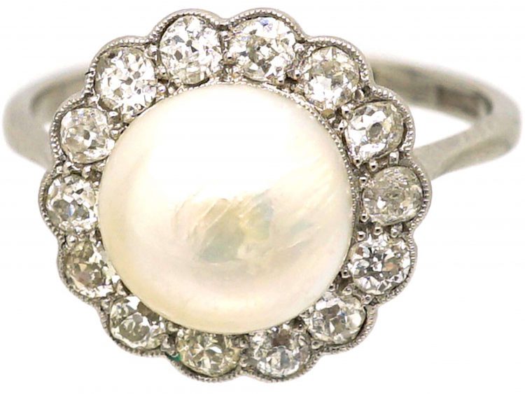 Art Deco Platinum, Natural Pearl & Diamond Cluster Ring