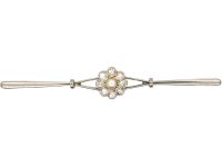 Edwardian 15ct Gold & Platinum, Diamond & Pearl Daisy Cluster Bar Brooch