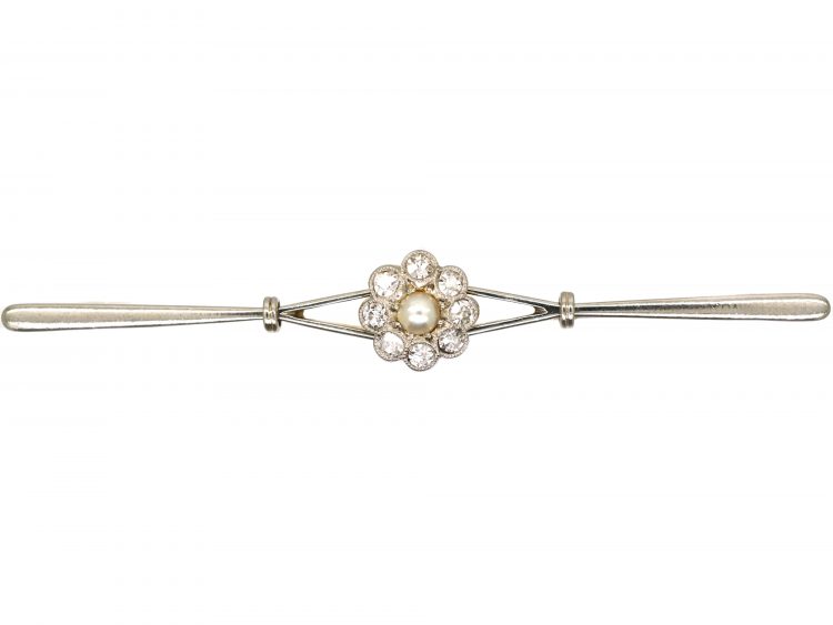 Edwardian 15ct Gold & Platinum, Diamond & Pearl Daisy Cluster Bar Brooch