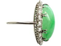 Art Deco Large Platinum, Cabochon Jade & Diamond Oval Cluster Ring