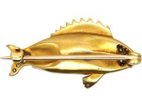 Edwardian 15ct Gold Fish Brooch set with Diamonds, Mississippi Pearl & a Green Garnet Eye