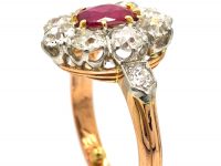 French Belle Epoque 18ct Gold, Burma Ruby & Diamond Cluster Ring with Diamond Set Shoulders