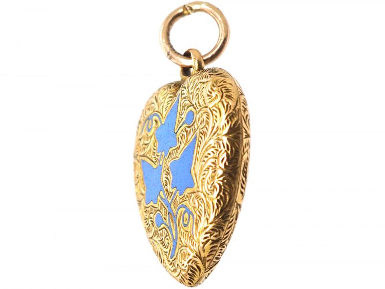 Regency 15ct Gold Heart Shaped Locket with Ivy Leaf Motif in Blue Enamel