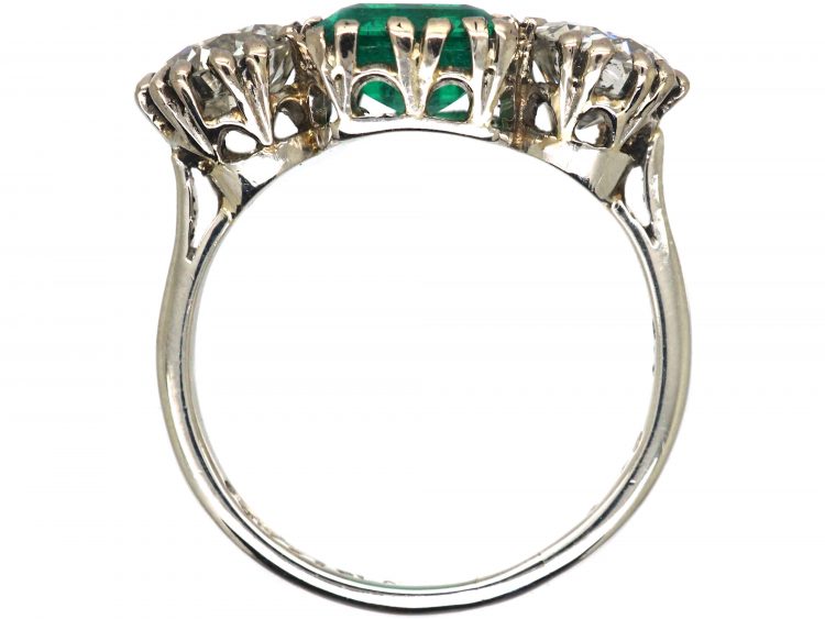 Art Deco Platinum, Colombian Emerald & Diamond Large Three Stone Ring