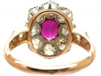 French Belle Epoque 18ct Gold, Burma Ruby & Diamond Cluster Ring with Diamond Set Shoulders