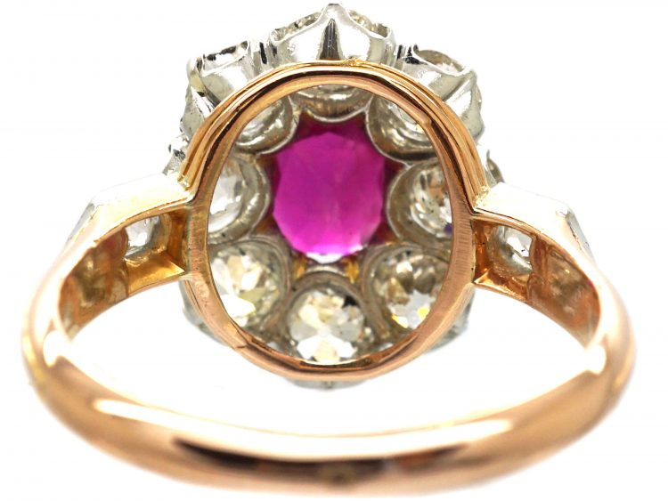 French Belle Epoque 18ct Gold, Burma Ruby & Diamond Cluster Ring with Diamond Set Shoulders