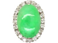 Art Deco Large Platinum, Cabochon Jade & Diamond Oval Cluster Ring