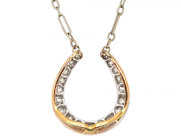 Edwardian Platinum & Diamond Set Horseshoe Pendant on Platinum Chain