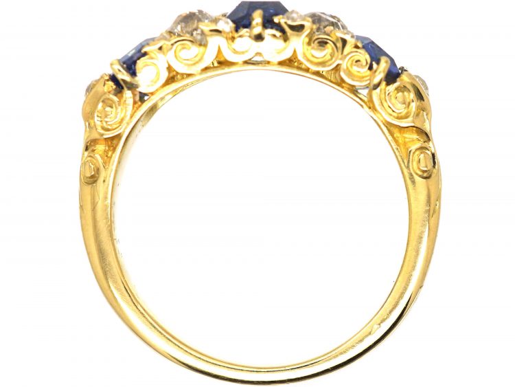 Victorian 18ct Gold, Three Stone Sapphire & Diamond Carved Half Hoop Ring