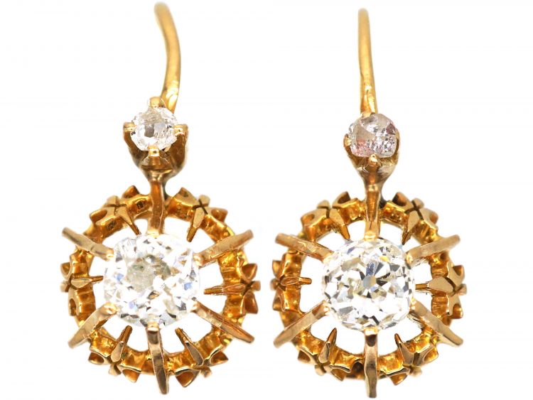 Edwardian 18ct Gold Diamond Solitaire Earrings with Rose Diamonds Above