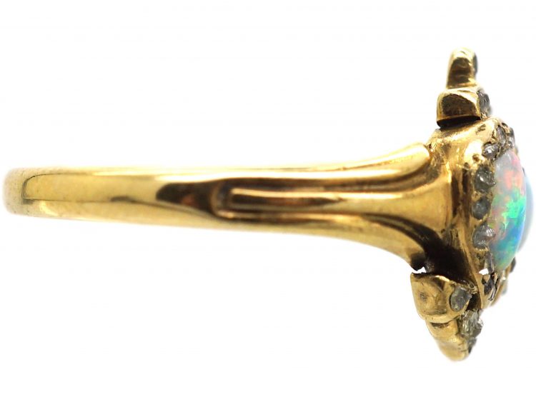 Victorian 18ct Gold, Opal & Rose Diamond Ring with Double Heart & Anchor Motif