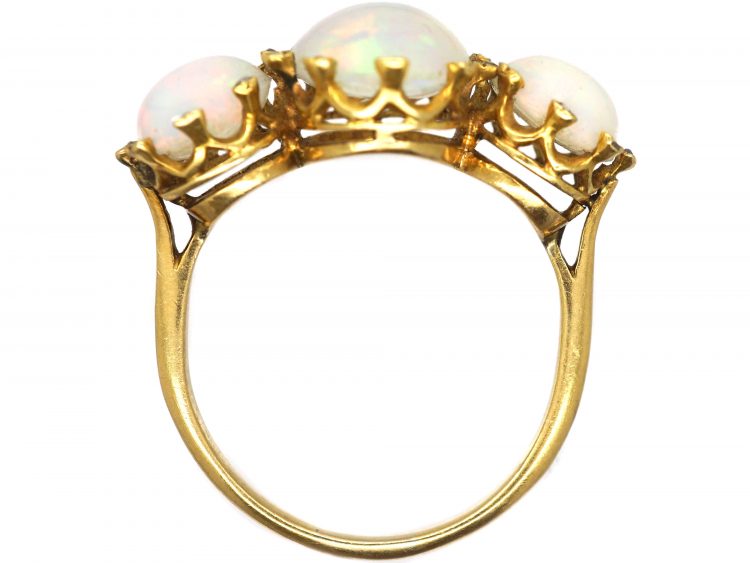 Edwardian 18ct Gold, Three Stone Opal Ring with Diamond Set Claws