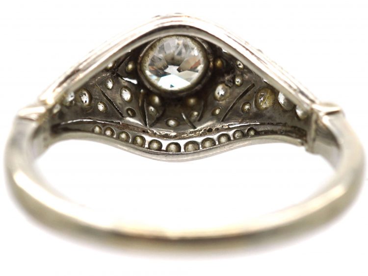 Art Deco 18ct White Gold Ring set with a Half Carat Diamond with ornate Small Diamond set Detail