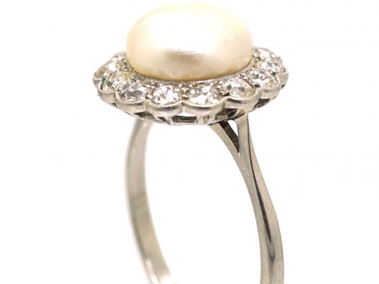 Art Deco Platinum, Natural Pearl & Diamond Cluster Ring