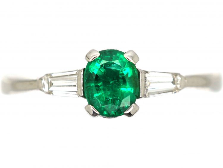 18ct White Gold, Emerald & Baguette Diamond Ring