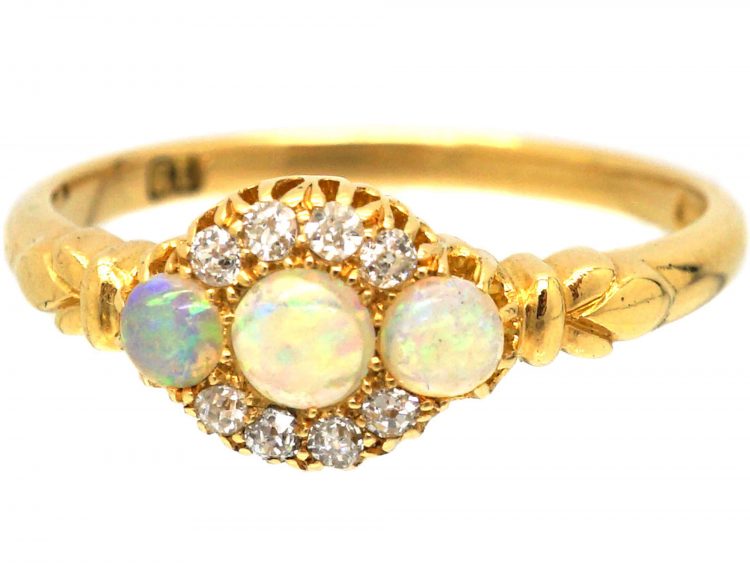 Edwardian 18ct Gold, Three Stone Opal & Diamond Ring made by Alabaster & Wilson