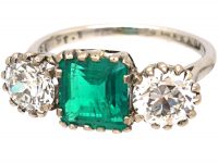 Art Deco Platinum, Colombian Emerald & Diamond Large Three Stone Ring