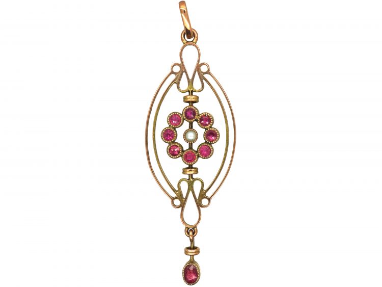 Edwardian 9ct Gold Pendant set with a Circle of Rubies, Natural Split Pearl & a Ruby Drop