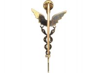 Edwardian 15ct Gold & Silver Caduceus Brooch set with Rose Diamonds, Turquoise & Natural Split Pearls